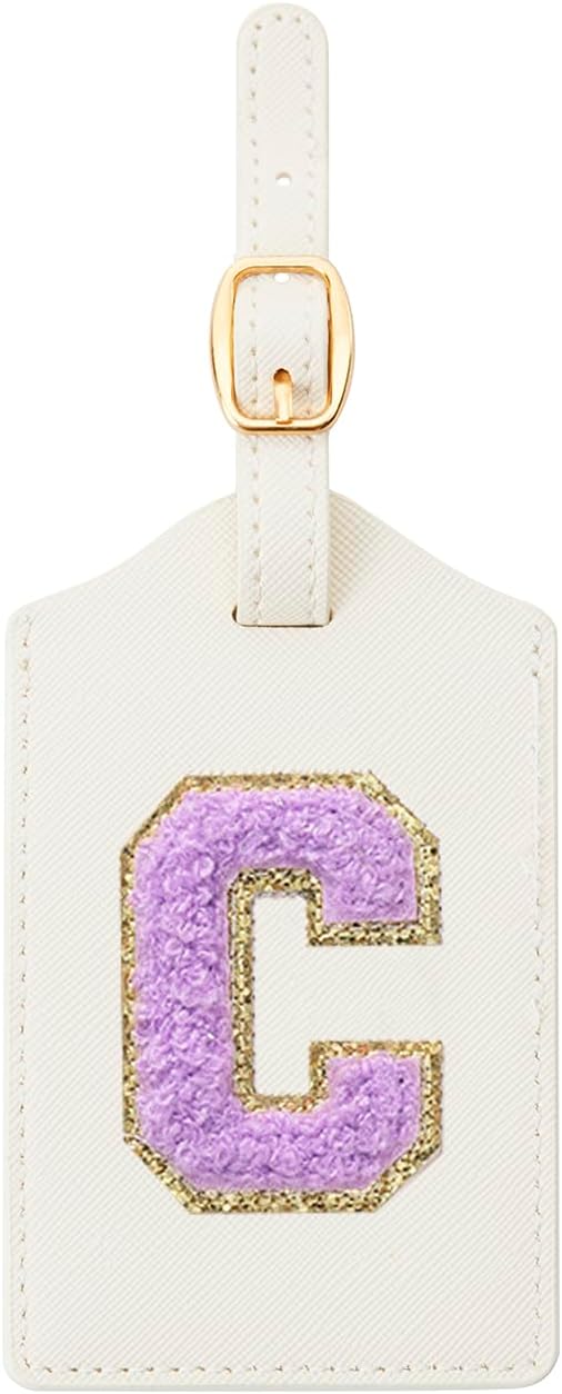 Embroidered Luggage Tag – Initial Bag Tag for Suitcase, Backpack, Carry-On, Duffel – Faux Leather Travel Accessory, Name Identifier, ID Label for Travel Bags (C, White Leather+Purple Letter)