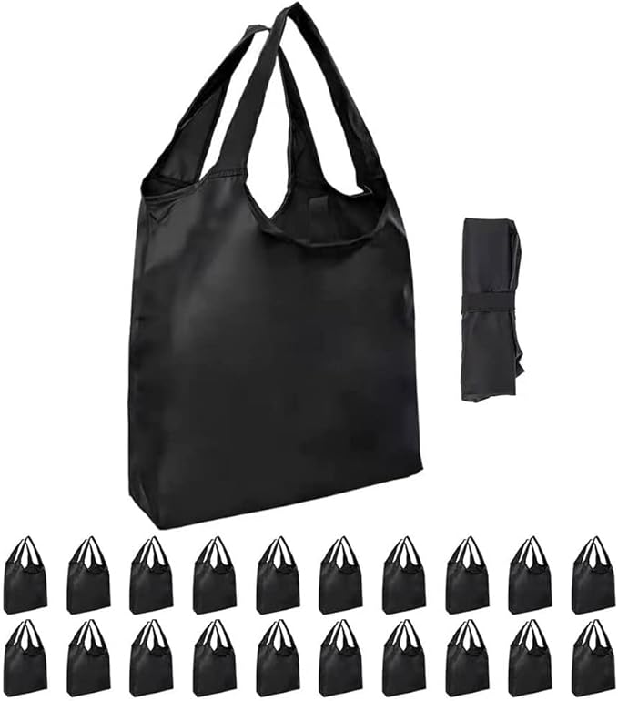 Aricsen 20 Pack Durable Folding Large Kitchen Reusable Shopping Bags with Handles Bulk, Recycle Foldable Grocery Washable into Pocket Portable Nylon Tote, Polyester Cloth, Black Fabric