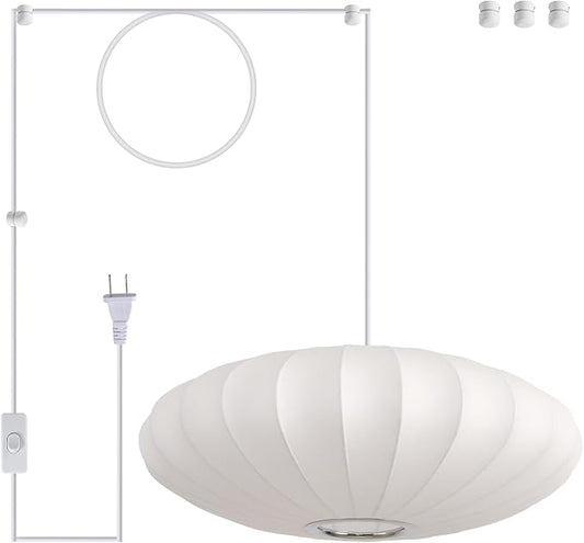 19.7in Plug in Lantern Pendant Light, White Imitation Silk Pendant Light Wabi Sabi Saucer Japanese Bubble Hanging Lamp Chandelier for Living Dinning Room Kitchen Island Bedroom 1 Pack