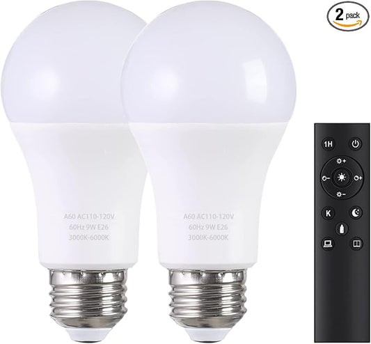 A19 LED Light Bulbs with Remote Control, 800LM 9W (60W Equivalent) Bulbs,Stepless Dimmable 3000K-6000K,E26 Base,CRI 80+,2.4GHz,25000+ Hours Lifespan,Light Bulb for Home Decor,2Bulb & 1Remote
