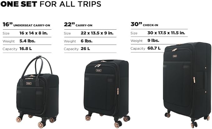 kensie Hudson Softside 3-Piece Spinner Luggage Set, Black with Rose Gold