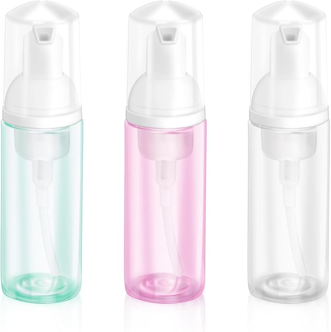 2oz Plastic Foam Pump Bottle, Empty Bottle Travel Foaming Dispenser for Hand Soap, Shampoo (3Pcs, 60ml) (Clear+Green+Pink)