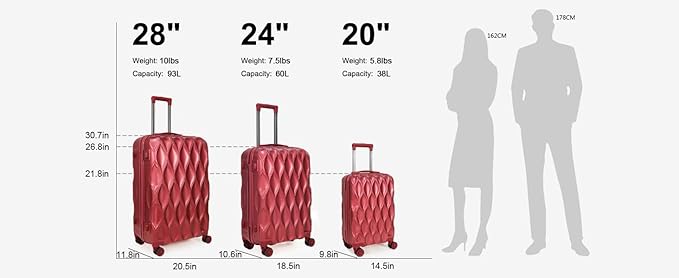 luggage sets 3 piece, 3 piece luggage sets with spinner wheels Hardside Lightweight Luggage 20in 24in 28in. (red)