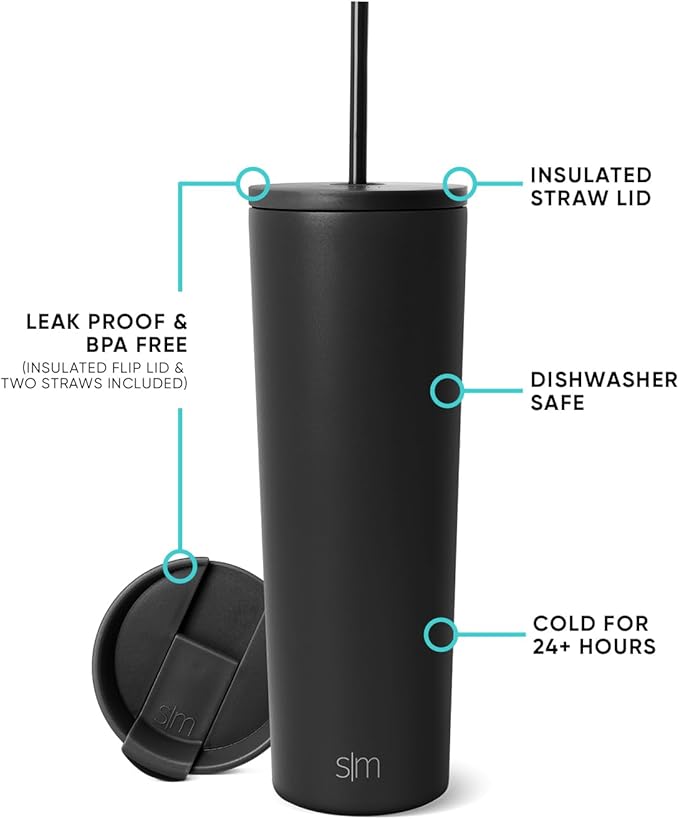 Simple Modern Classic Tumbler with Straw Lid | Insulated Iced Coffee Cup Reusable Stainless Steel Water Bottle Travel Mug | Gifts for Women Men Her Him | 28oz | Midnight Black