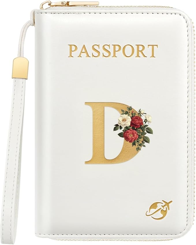 Passport Holder for Travel Personalized Passport Holder Initial Letter Rose Flower RFID Blocking Travel Wallets Credit Cards Holder for Women Men, White D