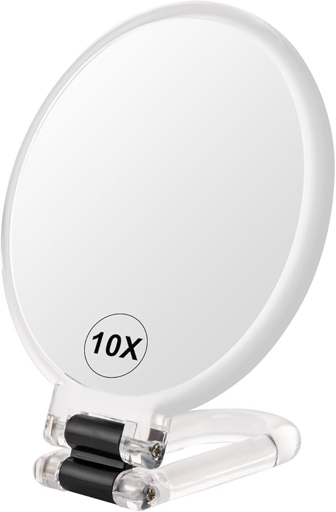BOOMIBOO 1X/10X Magnifying Handheld Mirror Double Sided, Foldable Travel Makeup Mirror, Adjustable Rotation Pedestal Hand/Hanging/Desk Vanity Mirror-Clear