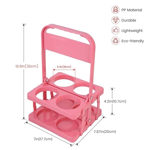 Bodaon 4 Cup Drink Carrier with Handle, Plastic Cup Carriers for Drinks, Drink Holder for Car, Take Out Delivery Drivers Accessories, Portable Foldable Reusable Mobile, Use for Food Delivery Bag, Pink