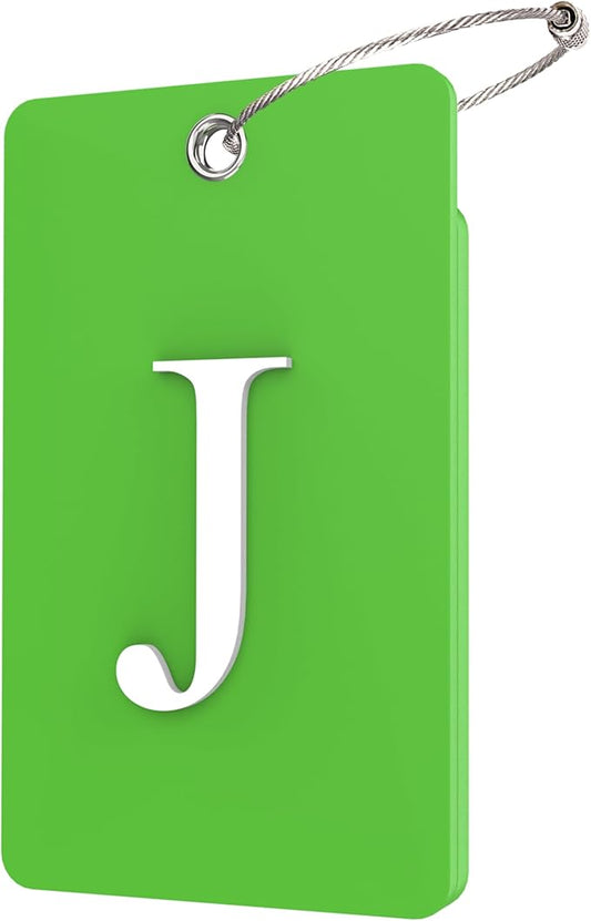 Gostwo 2 Pack Luggage Tags for Suitcases, 26 Initial Letter Travel Luggage Baggage Identification Labels ID Tag Fully Bendable Tags with Stainless Steel Loop (Green) (Letter J)