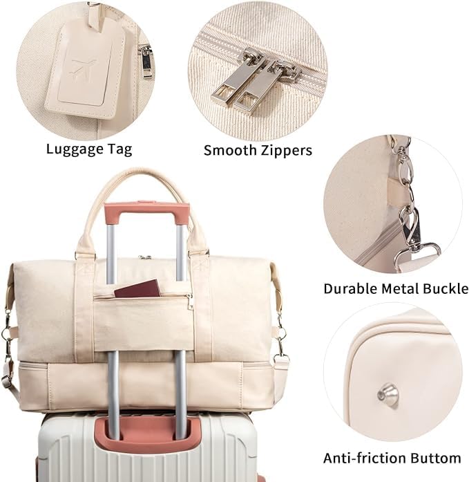 Oeihuivt Weekender Bags for Women - 21 Inch Large Travel Duffel Bag 2-Piece Set with Shoe Compartment, Heavy-Duty Canvas Leather Carry On Overnight Tote