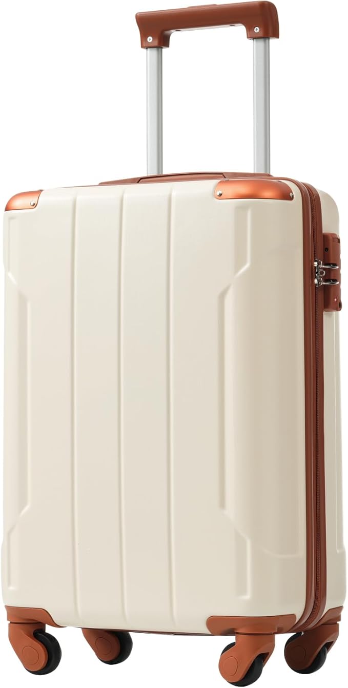 20 Inch Carry On Luggage, Lightweight ABS Hard Shell Suitcase with Spinner Wheels, Durable Travel Luggage with Combination Lock & Side Hooks for Men Women, White Brown