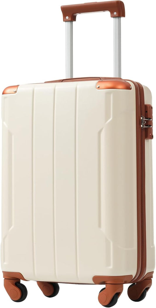 20 Inch Carry On Luggage, Lightweight ABS Hard Shell Suitcase with Spinner Wheels, Durable Travel Luggage with Combination Lock & Side Hooks for Men Women, White Brown