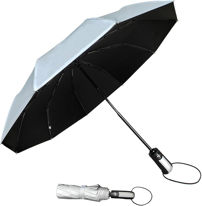 TradMall Travel Umbrella Windproof with 46 Inches Large Canopy 10 Reinforced Fiberglass Ribs Ergonomic Handle Auto Open & Close, Silver/Black