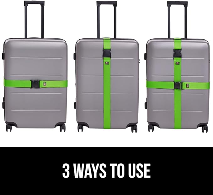 GORILLA GRIP Heavy Duty 4 Pack Adjustable Luggage Straps for Suitcases, Easy to Identify Travel Belt Connector Holds Suitcase Together, Extends Life of Bag, Strap Connects Two Bags, Accessories Green