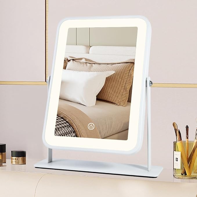 YEKKOPT Small Desk Mirror with Lights, Lighted Makeup Mirror with Light, Portable Tabletop Make Up Mirror for Desk, Vanity Mirror with Lights,Smart Touch Control, Dual Power Supply, 360°Rotation