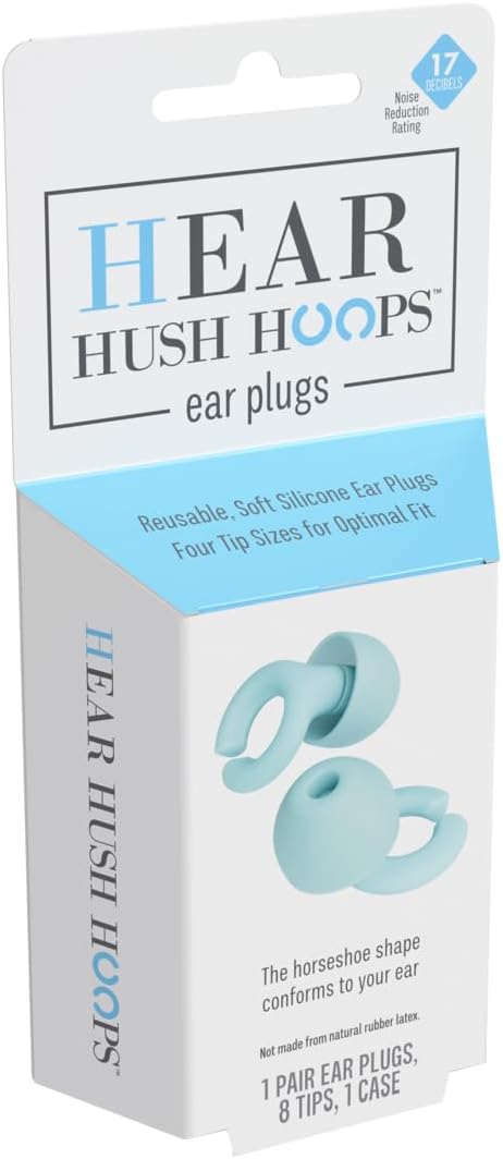Hush Hoops Ear Plugs, Ultra-Soft Reusable Noise Reducing Earplugs with Horseshoe Shape for Comfort, 4 Tip Sizes for Customizable Fit, 17dB (NRR) Noise Reduction Rating, Teal, 1 Pair with Travel Case
