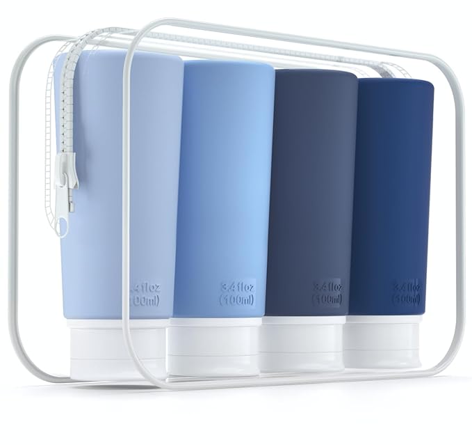 Valourgo Travel Bottles for Toiletries, Tsa Approved 3.4oz Portable Travel Bottles, BPA Free Leak Proof Travel Tubes Refillable Travel Accessories, Travel Accessories with Clear Toiletry Bag, Blue
