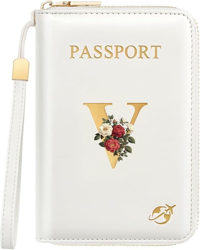 Passport Holder for Travel Personalized Passport Holder Initial Letter Rose Flower RFID Blocking Travel Wallets Credit Cards Holder for Women Men, White V