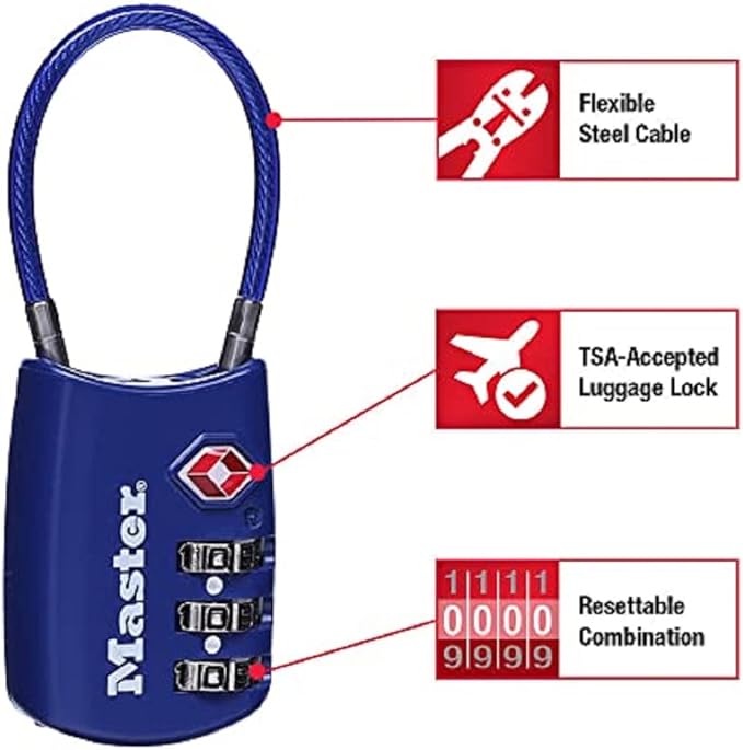 Master Lock Padlock, Set Your Own Combination TSA Locks for Luggage, Travel Zipper Lock with Cable Shackle is 1-3/16 in. Wide, Colors May Vary, 4688T, 2 Count (Pack of 1)