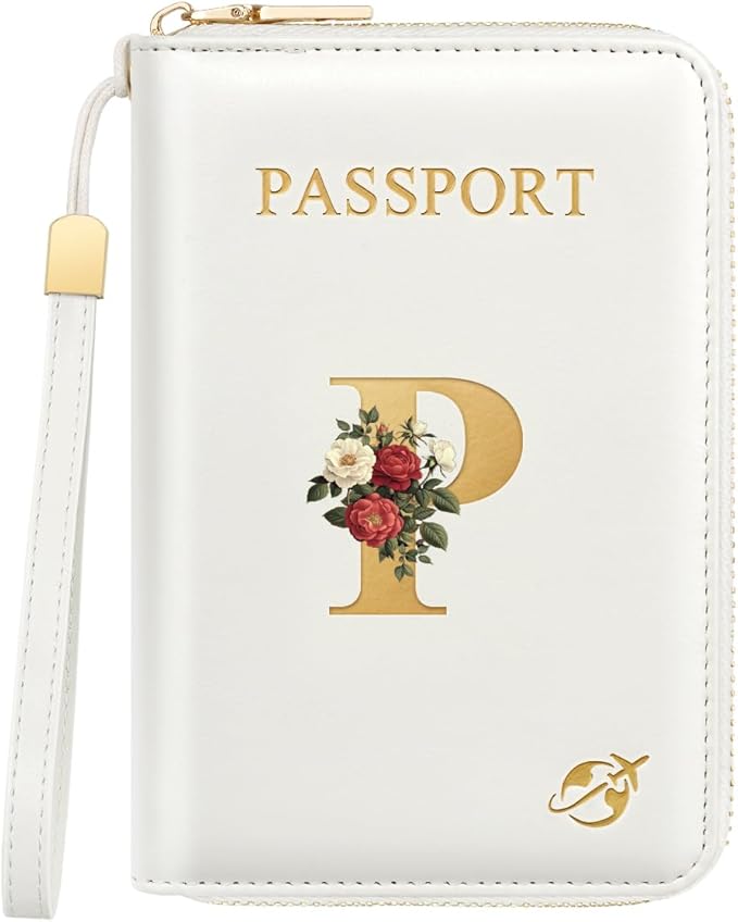 Passport Holder for Travel Personalized Passport Holder Initial Letter Rose Flower RFID Blocking Travel Wallets Credit Cards Holder for Women Men, White P