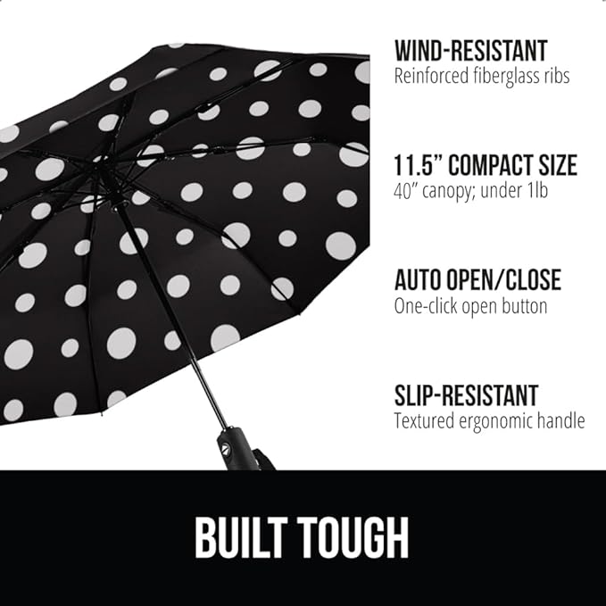 GORILLA GRIP Strong Windproof Stick Compact Umbrella for Rain, One-Click Automatic Open and Close, Durable Quick Dry Waterproof Material, Lightweight and Portable, Travel Size Fits Backpack Polka Dots