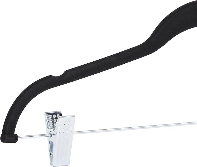 Amazon Basics Velvet Non-Slip Skirt Clothes Hangers with Clips, 360 Degree Rotatable Hook, Sturdy Construction, Organize Pants and Skirts, Black/Silver, 50-Pack