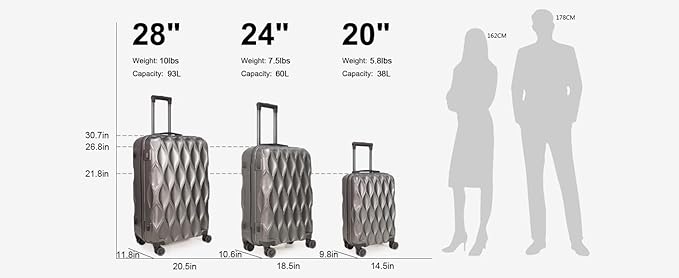 luggage sets 3 piece, 3 piece luggage sets with spinner wheels Hardside Lightweight Luggage 20in 24in 28in. (grey)