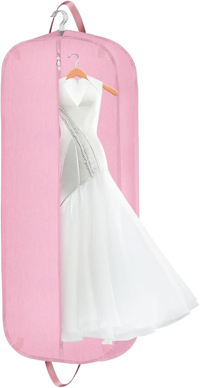 Limoomil 60 Inch Heavy Duty Tear Resistance Wedding Dress Bag for Wedding Travel, Waterproof Dress Cover for Closet Wardrobe. Garment Bag for Gowns, Tuxedos, Dress, Long Coats. Pink, 60 Inch.