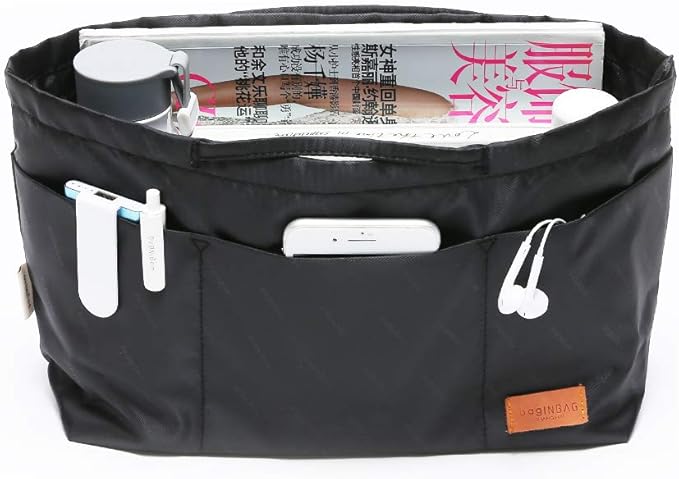 iN. Purse Organizer Insert with zipper Nylon fabric for women Handbags & Totebag, black, Medium: 15.7"(Top)/12.2"(Bottom) L × 4.7" W × 8.3" H