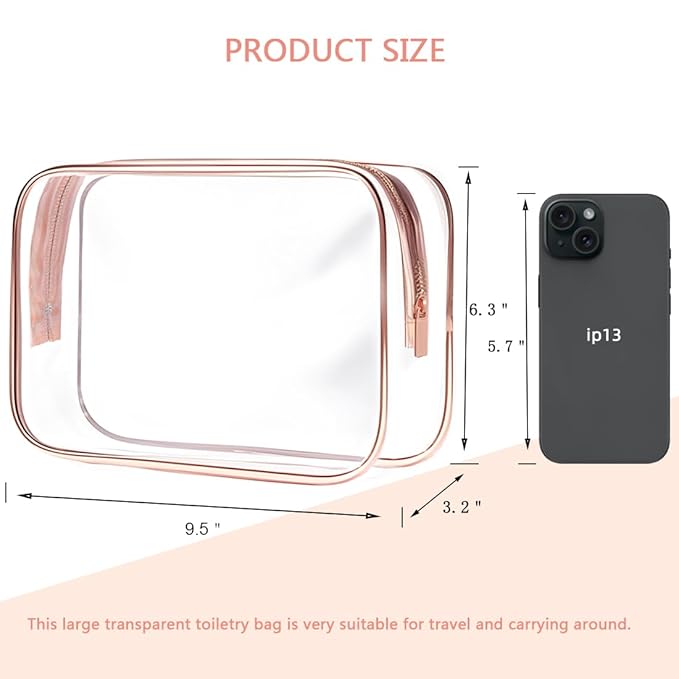 Clear Toiletry Bag, 2 Packs TSA Approved Water resistant Travel Organizer, Airport Airline Travel Essential Carry On Makeup Cosmetic Bags for Women, RosePink - 2 packs