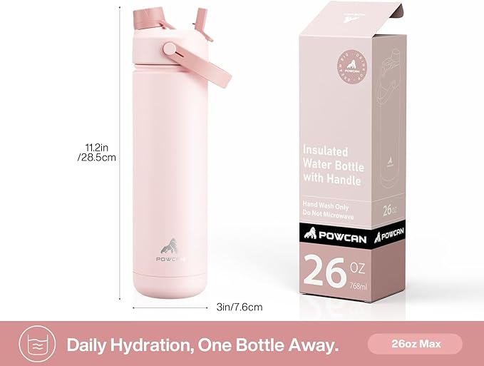 POWCAN 26 oz Insulated Water Bottle with 2-in-1 Straw and Spout Lid, Keep Cold 24H, Leak-Proof, Fits in Car Cup Holder, Stainless Steel Water Bottle for Sports, Travel, Gym and School (Pinkwild Bloom)