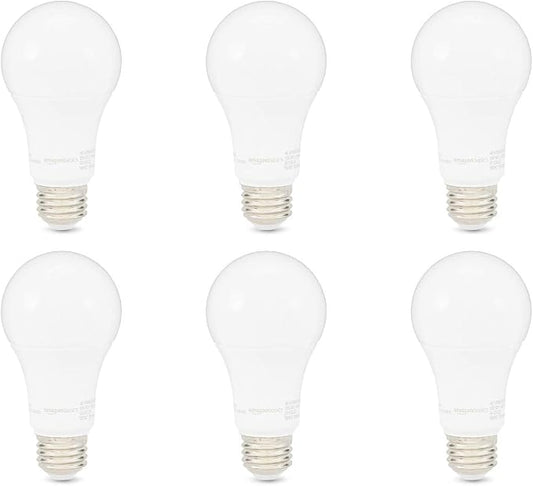 Amazon Basics A19 LED Light Bulbs, 100 Watt Equivalent, Energy Efficient 15W, E26 Standard Base, Soft White 2700K, Dimmable, 10,000 Hour Lifetime , 6-Pack
