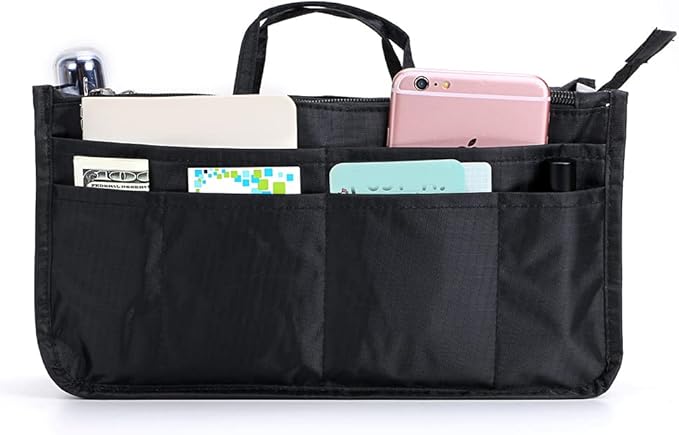 BTSKY Printing Handbag Organizers Inside Purse Insert - High Capacity 13 Pockets Bag Tote Organizer with Handle (Black)