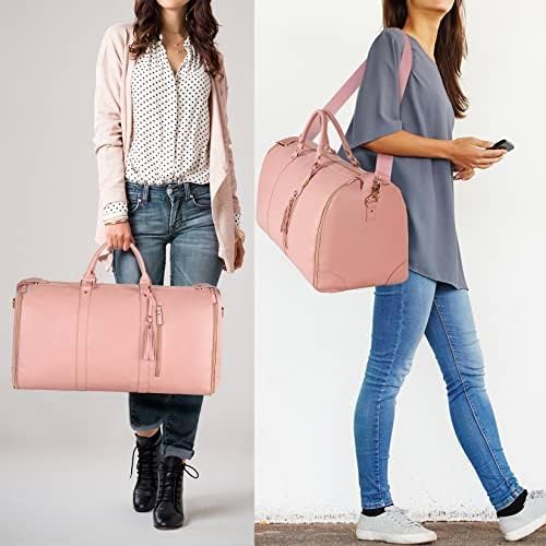 Ytonet Garment Duffle Bags for Travel, Convertible Carry On Garment Bag for Women, Large PU Leather Foldable Travel Bag with Shoe Pouch, 2 in 1 Hanging Suitcase Dress Suit Travel Bags, Pink