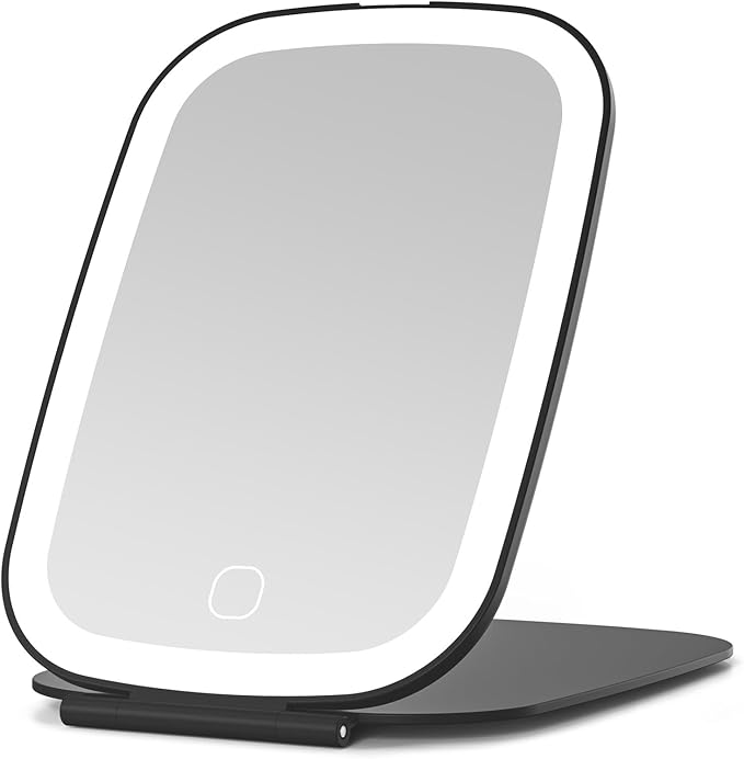 NEZZOE Rechargeable Travel Makeup Mirror with LED Light, 3 Lighting Modes, 7x5 Inch Foldable Vanity Mirror for Desk or On The Go, Black