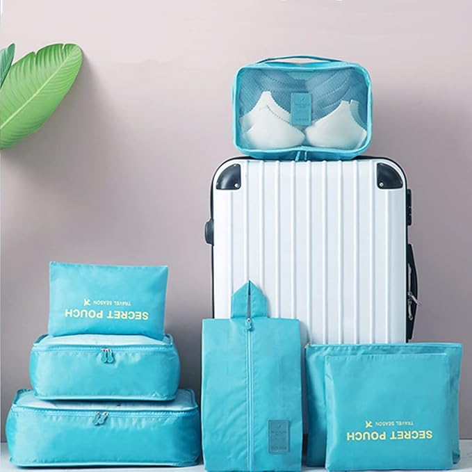 7 Set Packing Cubes, Travel Foldable Luggage Organizers Storage Bag Accessories Suitcase with Laundry Bag & Shoe Bag, Blue