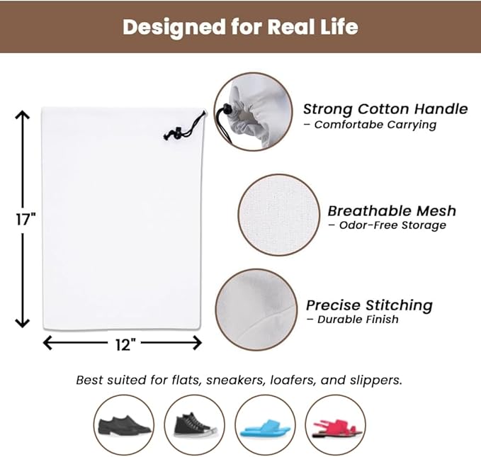 LFH Cotton Rich Shoe Storage Bags with Drawstring, Dustproof Breathable Reusable Organizer, Perfect For Travel, Dorm, Hotel, College, Gym, Easy to Carry, Machine Washable 12"x17" (Pack of 4) - White