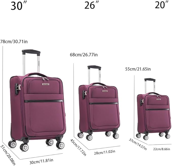 Lispin Luggage Set Softshell Expandable 4 Piece Suitcase with Wheels Softside Lightweight Travel Carry on Luggage (Purple + Fabric + 3-piece)