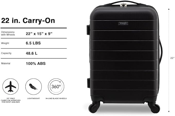 Wrangler Smart Spinner Hardside Luggage, 22-Inch Carry-On, Black