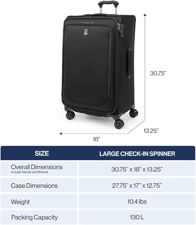 Travelpro Crew Classic Lightweight Softside Expandable Checked Luggage, 8 Wheel Spinner Suitcase, TSA Lock, Men and Women, Checked Large 29-Inch, Black
