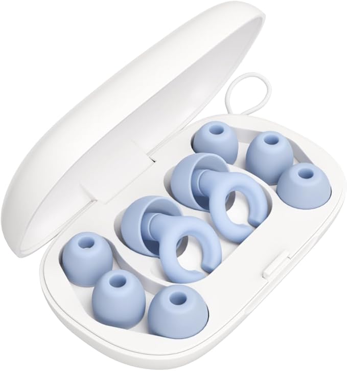 Hush Hoops Ear Plugs, Ultra-Soft Reusable Noise Reducing Earplugs with Horseshoe Shape for Comfort, 4 Tip Sizes for Customizable Fit, 17dB (NRR) Noise Reduction Rating, Blue, 1 Pair with Travel Case