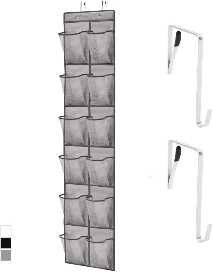 GORILLA GRIP Over the Door Shoe Organizer, 12 Large Breathable Mesh Pockets, Space Saving Hanging Storage Holder, 2 Hook Closet Rack Hanger, Hangs on Closets for Shoes, Accessories, 64H x 9.5W Grey