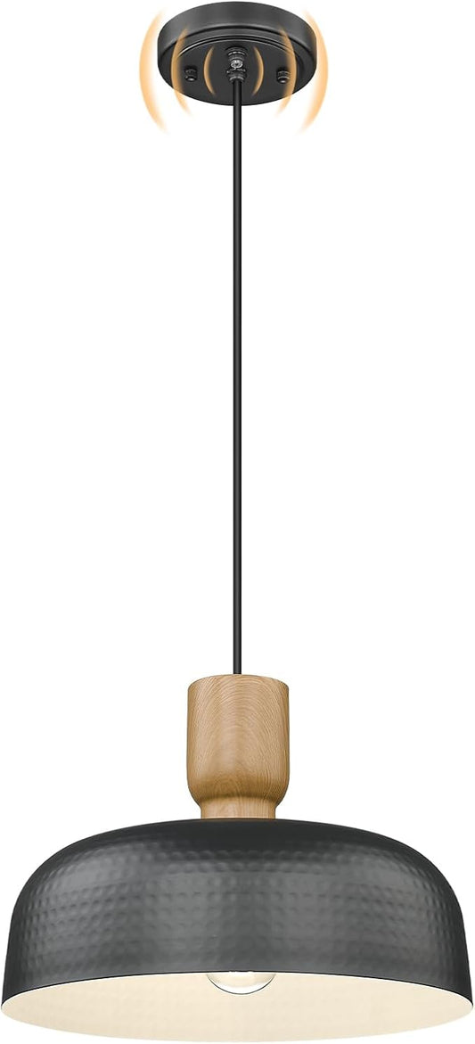 Darkaway Dusk to Dawn Industrial Pendant Light Fixtures Ceiling Hanging with Hammered Metal Shade, Black Pendant Light for Outdoor Porch Lighting Hanging Lamp Adjustable Height
