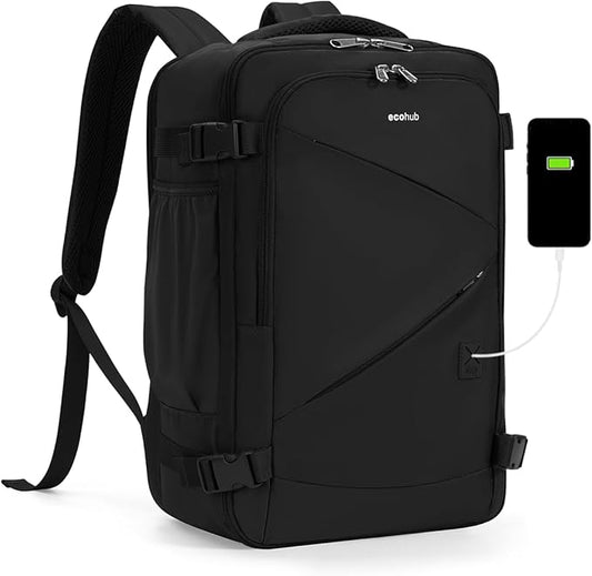 ECOHUB 17" Small Unisex Travel Backpack United Airline Approved 17x10x9 Friendly Suitcase Anti-Theft Lockable Zippers Style Personal Item Bag Travel Essentials with 12 Pockets Water Resistant, Black