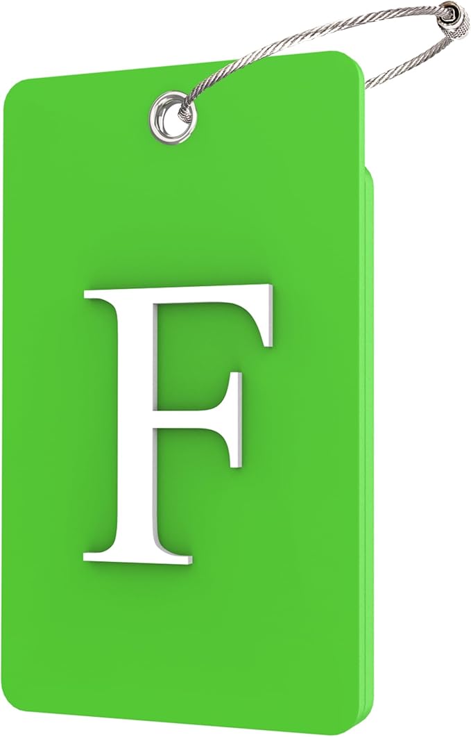 Gostwo 2 Pack Luggage Tags for Suitcases, 26 Initial Letter Travel Luggage Baggage Identification Labels ID Tag Fully Bendable Tags with Stainless Steel Loop (Green) (Letter F)