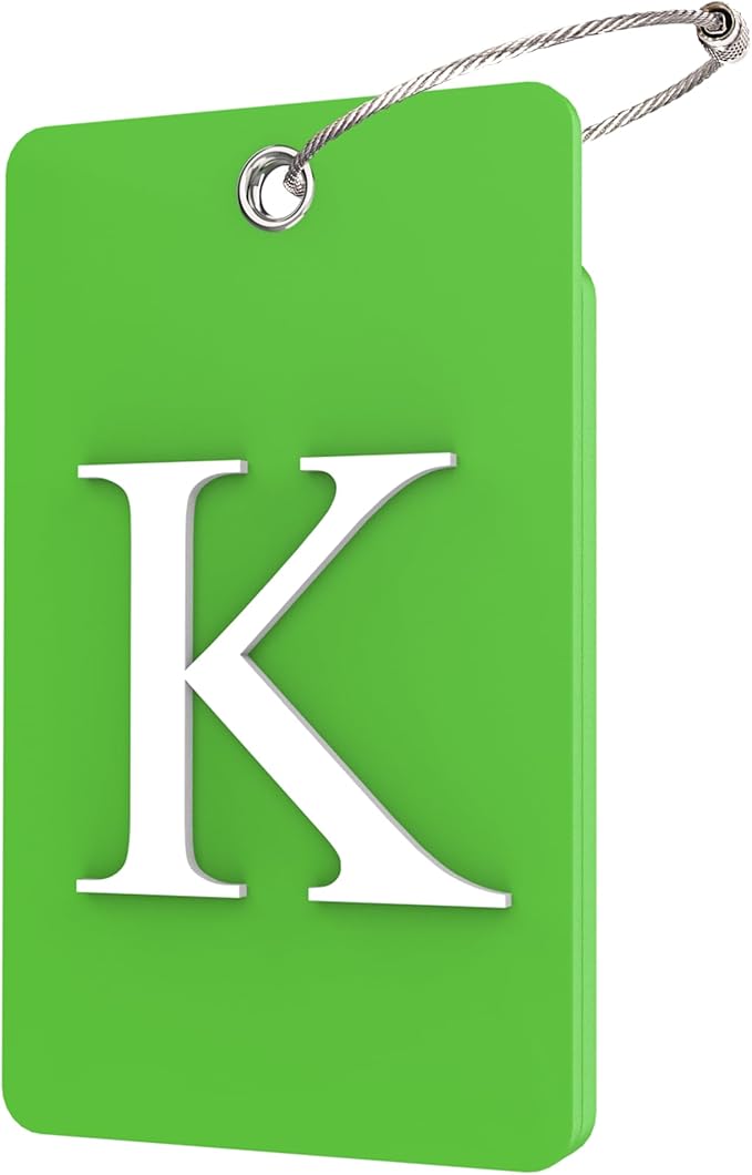 Gostwo 2 Pack Luggage Tags for Suitcases, 26 Initial Letter Travel Luggage Baggage Identification Labels ID Tag Fully Bendable Tags with Stainless Steel Loop (Green) (Letter K)