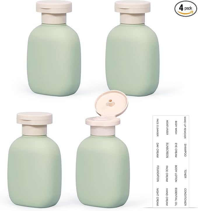 3.4 oz Small Plastic Travel Shampoo Bottles, Empty Plastic Squeeze Bottles with Flip Cap for Toiletries, Leakage-proof Travel Shampoo and Conditioner Bottles (4 pack, Green)
