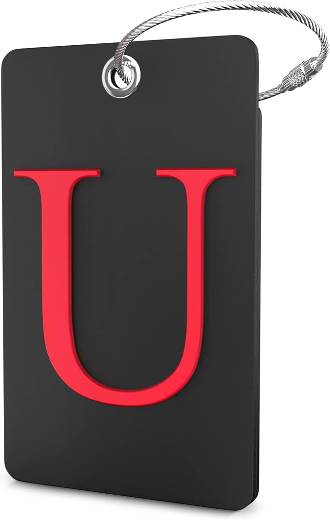 Shacke Luggage Tag Initial - Fully Bendable Tag w/Stainless Steel Loop - Black (Letter U)