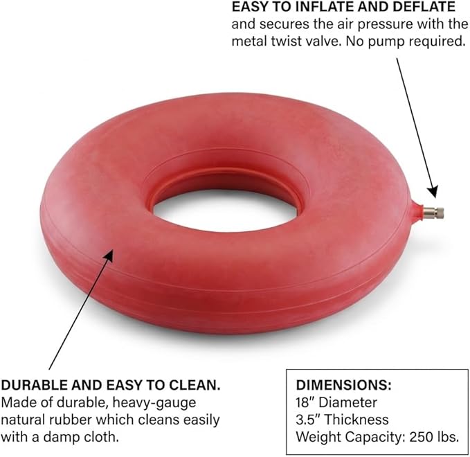 NOVA Inflatable Donut Cushion Seat Pillow – 18” Round Easy Inflate & Deflate Pressure Relief Cushion, Durable Rubber, Easy-Clean Red, for Hemorrhoids, Postpartum & Sitting Comfort, Blue