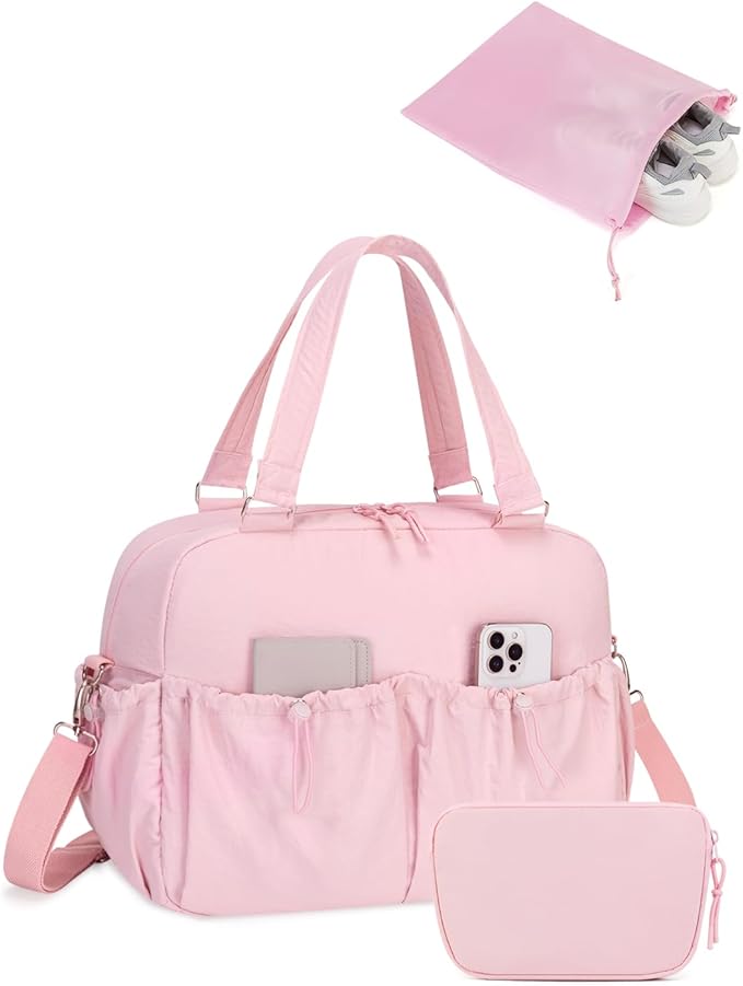 Carry On Duffle Bag with 15.6 Inch Laptop Compartment, Gym Bag for Women with Wet Pocket, Shoe Bag and Toiletry Pouch, Personal Item Travel Duffel Weekender Overnight Bags, Pink