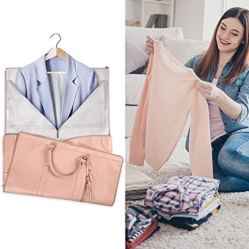 Ytonet Garment Duffle Bags for Travel, Convertible Carry On Garment Bag for Women, Large PU Leather Foldable Travel Bag with Shoe Pouch, 2 in 1 Hanging Suitcase Dress Suit Travel Bags, Pink